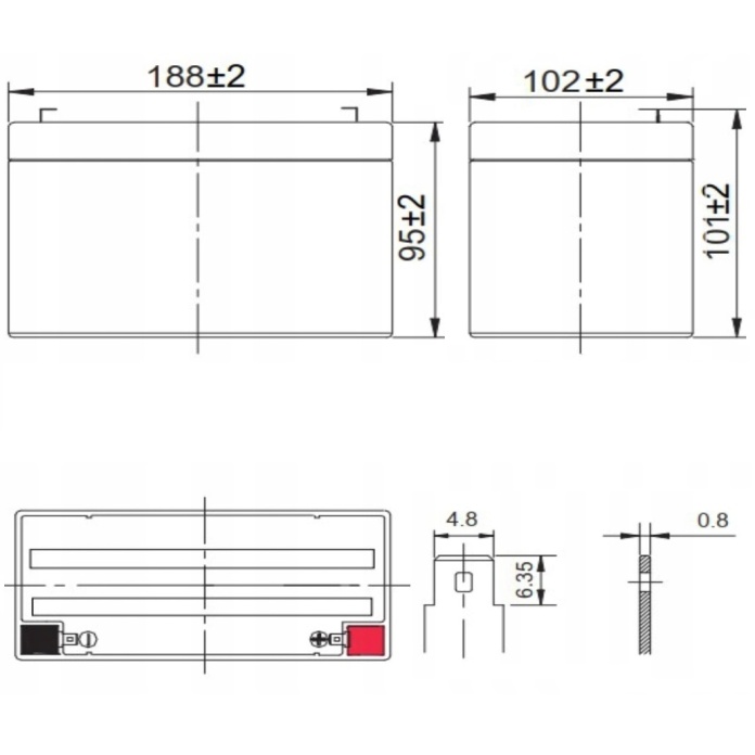Rysunek techniczny akumulatora 24V AGM 7Ah VRLA bezobsługowego